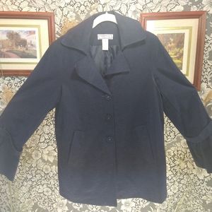 George Simonton navy blue trench coat paisley embossed ruffle cuffs shoulder pad